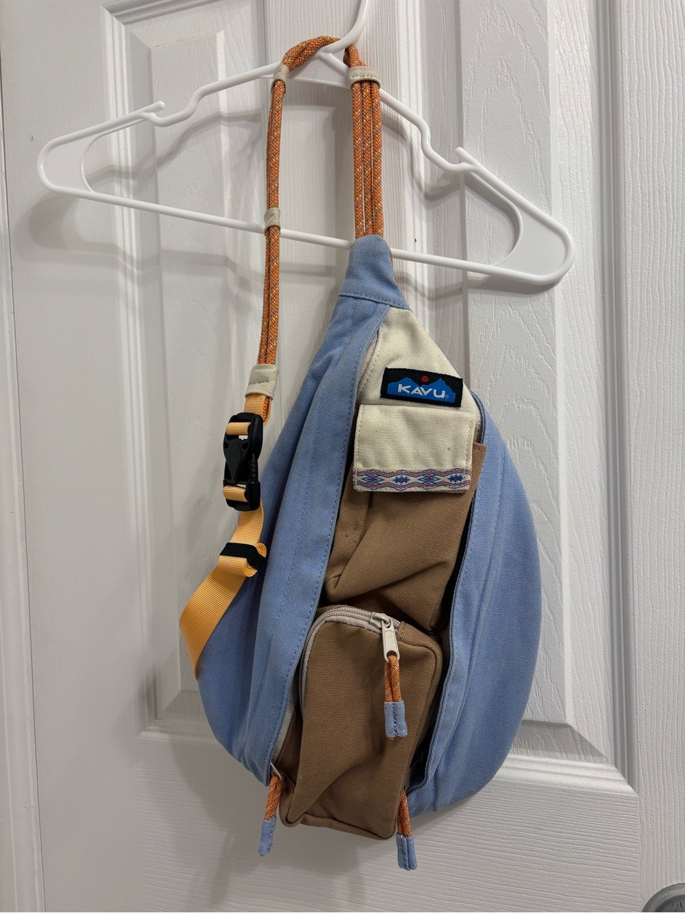Kavu Light Blue and Brown Men's Sling Bag with Orange Accents